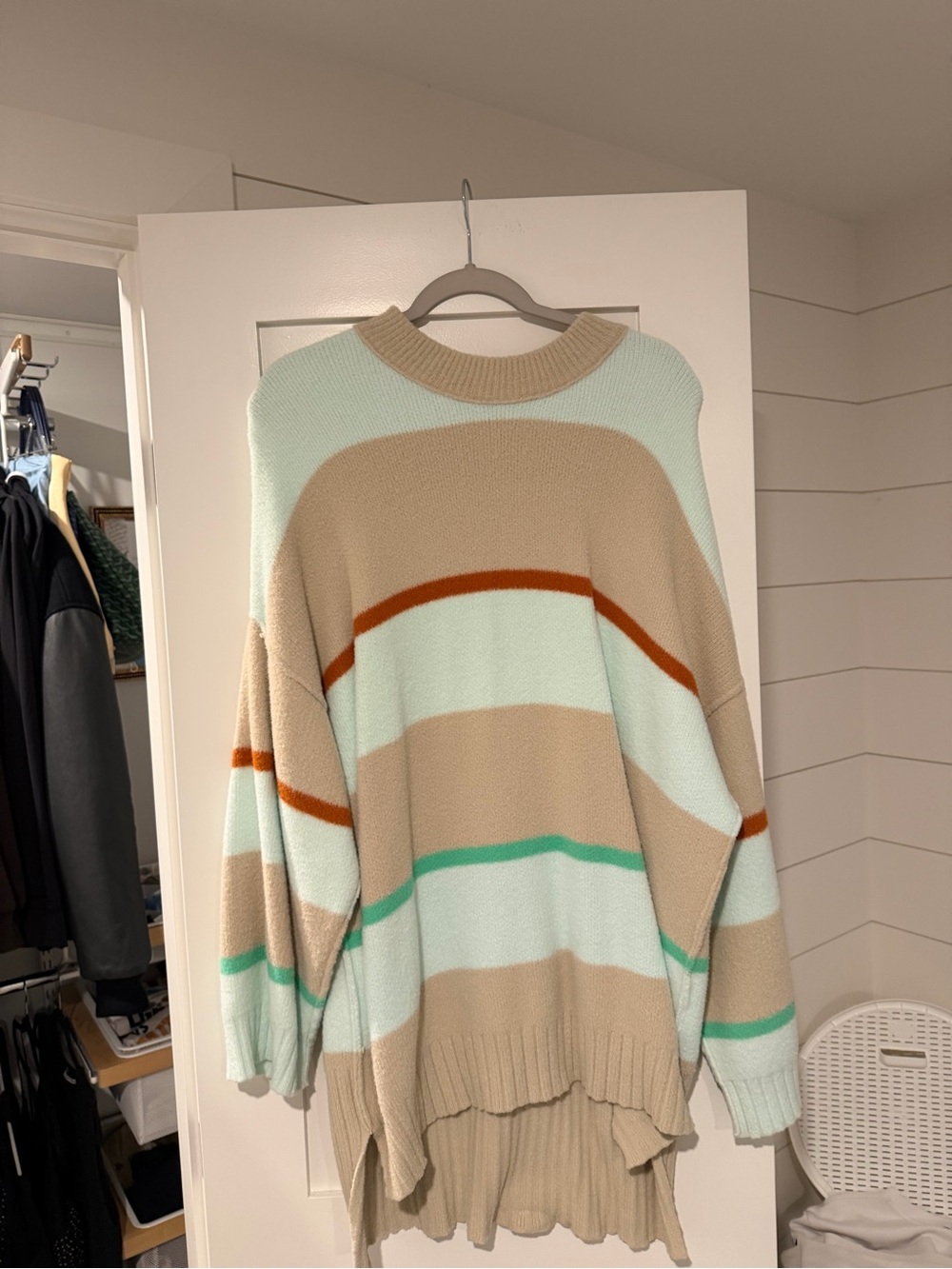Free People Beige, Mint, Rust & Teal Striped Crewneck Sweater